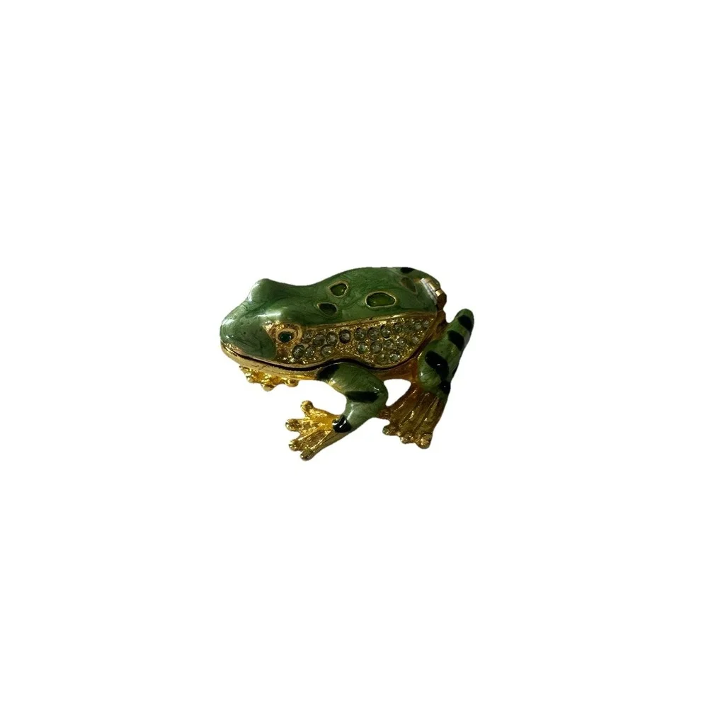 Gorgeous Green Enamel Frog Trinket Box - Jeweled Gold Tone w/ Magnetic Closure